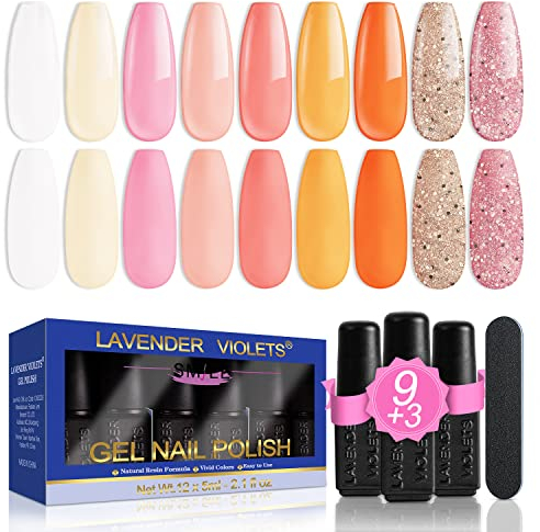 Lavender Violets 12 Pcs Gel Vernis à Ongles Set Charmant Automne blanc p orange pailleté Couleurs Nail Art UV LED Soak Off avec Base Coat, Matt et No Wipe Top Coat Lime à Ongles Starter Manucure C963A