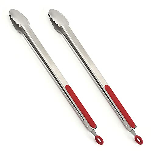 UPTALY Pinces à barbecue extra longues de 45 cm (2 pièces rouges), pinces à barbecue en acier inoxydable avec long manche, pince à nourriture de grande taille, pince de cuisson allongée