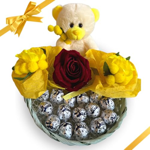 Cesto Regalo San Valentino e Festa della Donna 2025 -200 grammi di Baci Perugina + Orsacchiotto Occhi Dolci + Rosa Artificiale + Bouquet Mimosa - (Lindor)