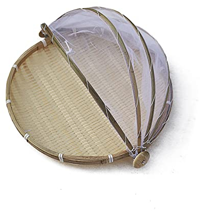 40cm Bambuszelt Korb mit Fliegenschutz, Obstschale Zeltkorb Abdeckhaube Fliegenhaube Lebensmittel Abdeckung Zelt Brotkorb mit Maschenabdeckung Picknickkorb Kuchenabdeckung für Gemüse Obst Brot