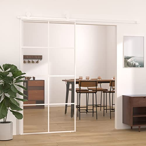 Keketa Schiebetür Glastür Glasschiebetür Schiebetür Tür Zimmertür mit Türstopper für Schiebetüren, Tür Innentüren Trennwände 102,5x205 cm Weiß ESG Glas und Aluminium
