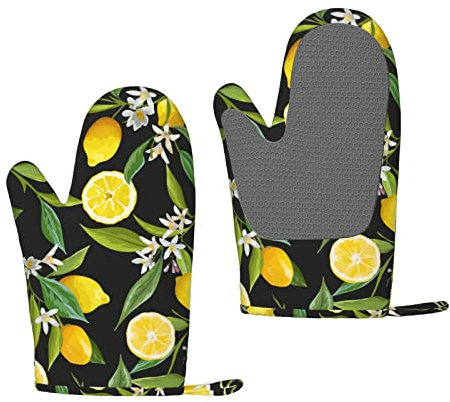Gants de Four en Silicone Feuilles de Citron Noir Résistant à la Chaleur Doublure en Coton Doux Lot de 2 Supports de Casserole réutilisables antidérapants pour Barbecue Cuisson Cuisson Grillades