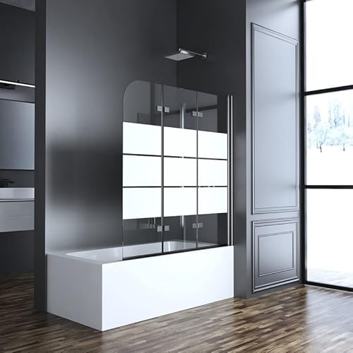 Gestreift Duschwand für Badewanne 120x140cm 3-teilig Schwarz Faltbar Duschabtrennung, Falttür Glas Duschtrennwand Streifenmuster Badewannenwand, Badewannenaufsatz mit 6mm ESG Sicherheitsglas