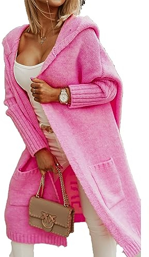 LIXQQS Damen Strickjacke Lang Cardigan Kapuzenpullover Grobstrickjacke Strickmantel mit Kapuze Cardigan Strickpullover Herbst Winter Jacke Sweater Outerwear(Pink,XL)