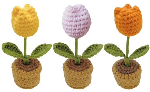 YANGSHINE Künstliche Mini-Blumen in gehäkelter Vase, handgemachte Blumen und Tulpen für Büro, Auto, Armaturenbrett, Dekoration, 3 Stück (Farbe #5)