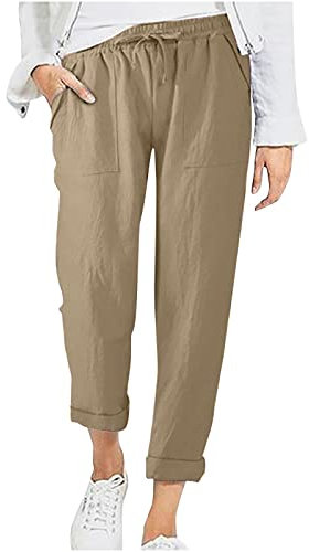 EMATOP Leichte Sommerhose Damen Casual Sport Stoffhose Einfarbig Elegant Haremshose Casual Lose Leinenhose Baumwolle Atmungsaktiv Freizeithose High Waist Sporthose mit Taschen Strandhose