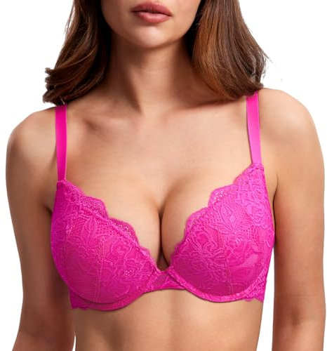 DOBREVA Reggiseno Donna Push Up in Pizzo con Ferretto Imbottito Plunge a Coppe Modellate Rosa Glitterato 5D