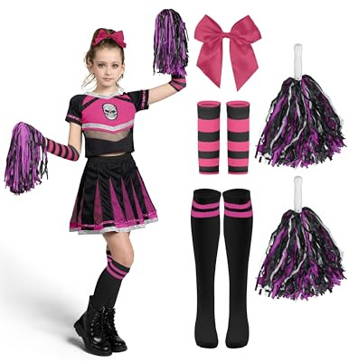 Spooktacular Creations Déguisement de pom-pom girl d'Halloween pour filles, déguisement de mauvais esprit pour enfants, tenue de pom-pom girl effrayante avec crâne et accessoires pour jeux