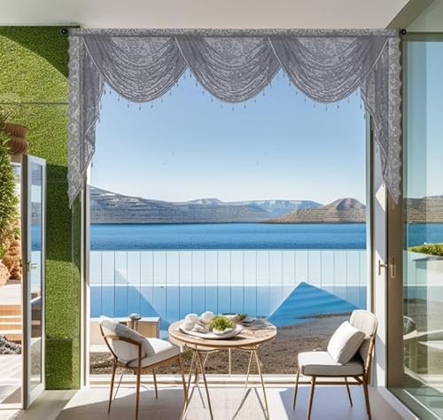 BOYOUTH Elegante mantovana per tenda a cascata in pizzo floreale con perline, stile europeo, con tasca per asta, per soggiorno, camera da letto, larghezza 240 cm, grigio, 1 pannello