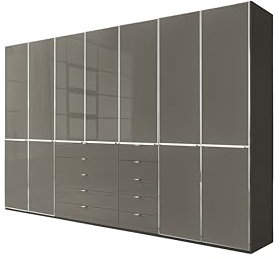 WIEMANN Drehtürenschrank mit 10 Schubkästen hochwertiger Kleiderschrank Schlafzimmerschrank 350cm breit, mit Schubladen, Glas Havanna, Höhe 236cm, Shanghai