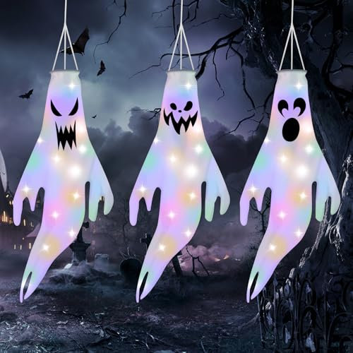 OFFCUP Manga de Viento Fantasma, 3PCS Halloween Decoración Colgante con Luces LED para la Fiesta de Halloween, Exterior, Patio, Jardín, Césped