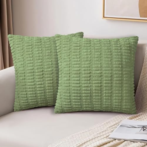 AUAUY 2 Pcs Corduroy Cushion Covers, 45x45 cm Corduroy Green Cushion Cover | Decorative Modern Pillow Covers Super Soft Pillowcase Cushions for Home Spring Decor Sofa Couch-Wheat Type