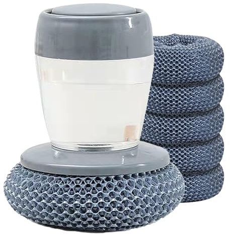 Cepillo con Dispensador de Jabón y 5 Bolas de Acero Intercambiables para Fregar Platos - Cepillo de Cocina con Soporte (Pet)