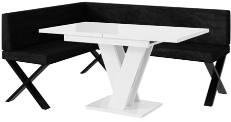 MEBLINI Eckbank für Esszimmer mit ausziehbarem Tisch - Küchenbank - Essecke - Sitzecke Küche - Toni - X-Beine 128x168x87cm Links - Graphit Samt/M Weiß Hochgl.