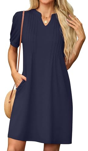 GRECERELLE Sommerkleid Damen Kurzarm V-Ausschnitt Etuikleider T-Shirt Minikleid Tunika Kleid Dresses for Women Leichte Kurze Freizeitkleid Strandkleid mit Taschen (Marineblau, XL)