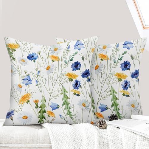 ECZOIL 2er Set Boho Kissenbezüge 40x40 cm, Blumen Dekorative Kissenhülle Kurzer Plüsch 16x16 Inch Doppelseitiger Druck Dekorative Kissenbezug für Wohnzimmer Sofa Schlafzimmer-Gelbes Gänseblümchen