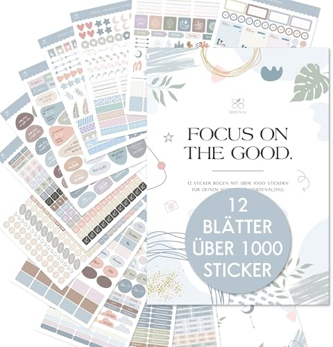 BIROYAL 1000+ Sticker Set für Schüler, 12 Blätter Bullet Journal Sticker | Kalender Stickers für Schüler & Studierende, Stickers Schule für Studienplaner & Schülerkalender, Studium must haves