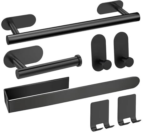 HOMMEY- Toalleros de Baño sin Taladro - Toallero Adhesivo de Baño- Toallero 40cm + 3 Accesorios Baño - Acero Inoxidable 304 - Adhesivo Ultrafuerte- Set 4 Piezas Accesorios Baño (Negro Mate 7 Unidades)