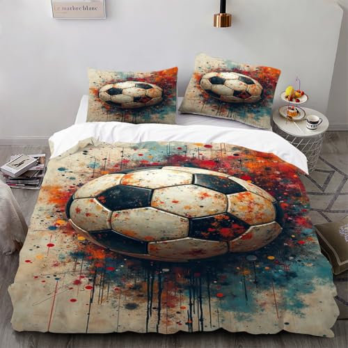 Zbeiba Bettwäsche 135x200 3D Aquarell-Fußball Muster Weich Atmungsaktiv Mikrofaser Bettzeug Sets Mit Reißverschluss + 2 Kissenbezüge (135x200+2 * 50x75,#3