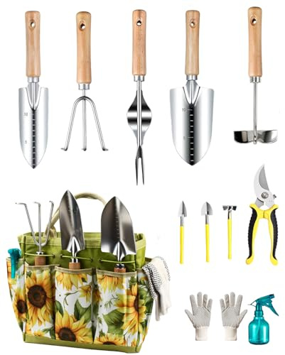 MOSFiATA Kit de Herramientas de Jardinería 12 Piezas, Acero Inoxidable de Uso Pesado con Mango de Madera Antideslizante, Incluye Bolsa Impermeable con Diseño de Girasoles