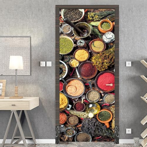 Türposter Gewürze und Gewürze PVC Türaufkleber Fototapeten Wasserdichte Tapete Türfolie Selbstklebend TürPoster 77x200cm Wohnzimmer Schlafzimmer Küche Toilette