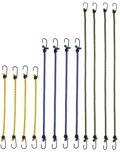 Set di 12 elastici con ganci, cinghie di tensione con gancio, in 3 misure (30 cm/40 cm/60 cm), ganci robusti per il fissaggio della tenda, asciugatura a scelta, trasporto di campeggio e trasporto