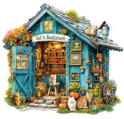 WOODBESTS Holzpuzzle Erwachsene, Katze Buchladen Holzpuzzle, Unregelmäßige einzigartige Puzzle, Schöne Geschenke für Puzzle-Liebhaber (34 * 31.3cm 230 Stück)