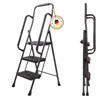 Profi-Partner Sicherheitsleiter mit Handlauf, 3 Stufen, Stahl, bis 150 kg | Haushaltsleiter mit Werkzeugtasche, extra breite rutschhemmende Trittflächen, EN 14183 geprüft, klappbar, gepolsterter Bügel