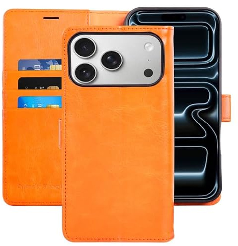 MONASAY Wallet Case for iPhone 17 Pro Max with 3 Card Holders - Orange | With a Kickstand, RFID Blocking, 6.6 feet of shock absorption, PU Leather, Strong Magnetic Closure, Fits 6.9 inch ONLY