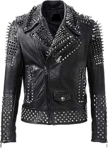 MERCH ATTIRE Classic Brando svart motorcykeljacka i läder med silver spikad & dubbad, Svart – äkta läder, L