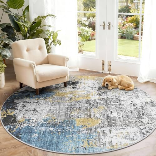 SOANNY Stor rund matta Ø160 cm, kort lugg, modern abstrakt design, supermjuk, tvättbar & halkfri för vardagsrum, sovrum, barnrum, matplats, kontor, läshörna, Marinblå-Guld
