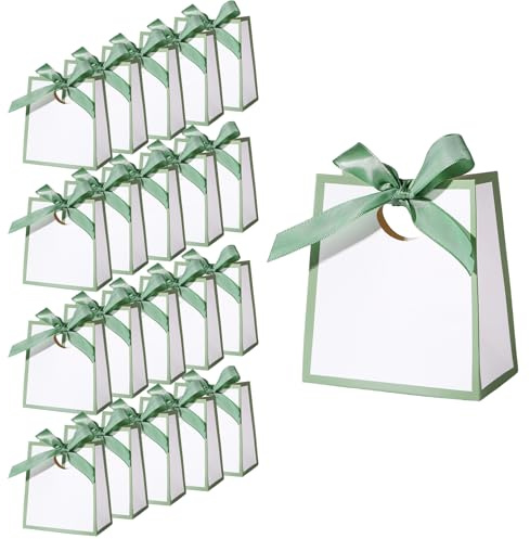 20 Stück Mini Geschenktüte Weiß und Grün Kleine Geschenktaschen mit Schleife für Hochzeit, Geburtstag & Party