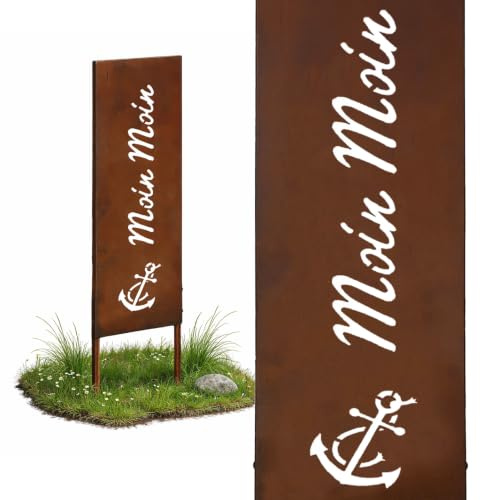 Relaxdays Edelrost Gartendeko, Moin Moin, HB: 85 x 28 cm, Gartenstecker wetterfest, rustikal, zum Stecken, Eisen, braun