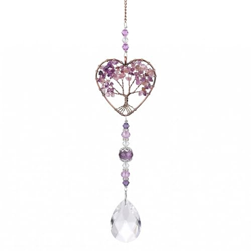 Heart Tree of Life Suncatcher, Handmade Healing Crystal Gemstone Glass Suncatcher for Home Garden Window Wall Decoration Gifts for Women Men Friends Mom Holidays (purple)