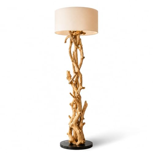 BLUMA Stehlampe 180 cm | Handgefertigte Treibholz Stehlampe aus Teakholz – rustikale Stehleuchte Holz mit E27 Fassung | Modern und natürlich lampe aus Holz mit Lampenschirm für das Wohnzimmer