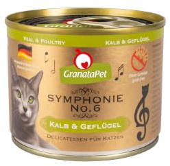 GranataPet Symfoni nr. 6 kalv- och fjäderfä, kattmat utan spannmål och sockertillsatser, filé i naturlig gelé, delikat våtfoder för katter, 6 x 200 g