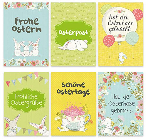 PaPIerDraCHeN Set di Cartoline per Auguri pasquali Coniglietto di Pasqua sul Giallo, Verde, Blu - 12 Cartoline pasquali realizzate con Amore - Set di Biglietti di Auguri 3