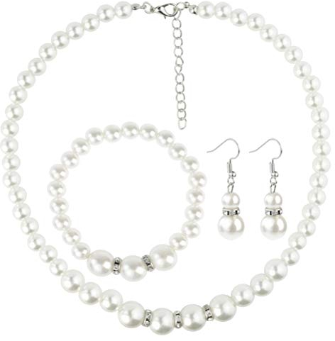 Nachahmung Perlen Halskette Necklace Armbänder Bracelet Ohrringe Schmuck Sets Damen Frauen Wedding Hochzeit Party Geschenke Weiß