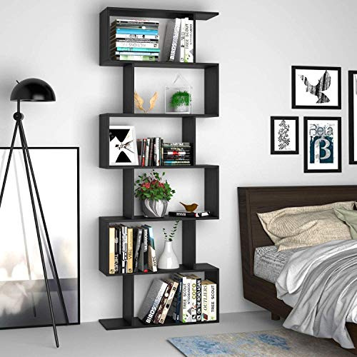Panana White Wooden Bookcase 6 Tier Shelves Bookshelf S Shape Storage Display Shelf Room Divider Unit Chest Cupboard Cabinet Free Standing Shelving Storage Organizer Unit for Living Room (Black)