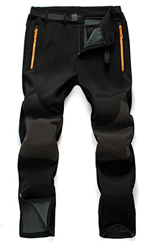 CAMOFOXIN Men's Fleece Ski Pants with Belt, Waterproof Snow Hiking Pants for Snowboarding (Black, Grey), Black, 36W x 32L