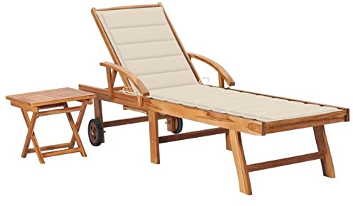 MOONAIRY Sonnenliege mit Tisch und Auflage, Gartenliege, Liegestuhl, Sonnenstuhl, Sonneninsel Outdoor, Liegen, Gartenmöbel, Bäderliege, Relaxliege, Terrasse,Massivholz Teak