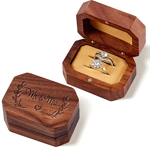 Yaomiao Wooden Wedding Ring Box for 2 Rings Mr and Mrs Vintage Engraving Ring Holder Case with Magnetic Rustic Engagement Ring Box Gift for Proposal Wedding Anniversary Accessories (Simple Style)