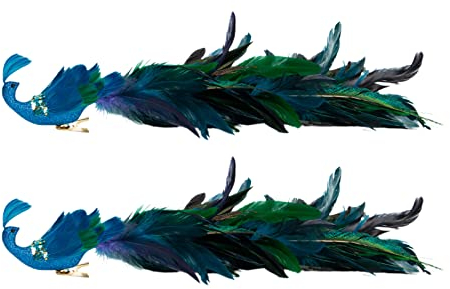 MISNODE 2 Stück Pfauen-Weihnachtsschmuck, 48 cm glitzernd, blauer Pfauen-Ornamente mit Schwanzfeder-Clip-On-Dekor, Simulationspfauen-Vogel-Set für Heimdekoration