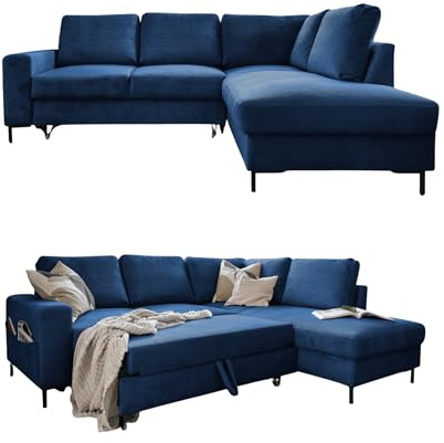MIUFORM Lofty Lilly mit Bettfunktion| 6 Sitzer Ecksofa | L-form rechts | 237 x 197 x 84cm | Klappsofa mit Schlaffunktion | Schlafsofa klappbar (Kord Navy blau)