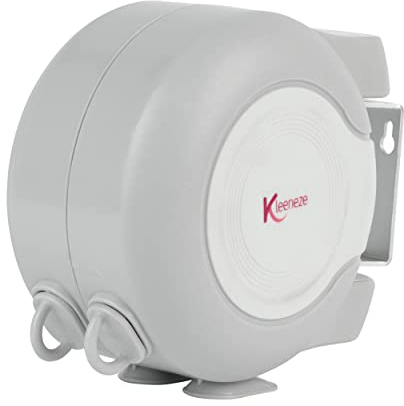 Kleeneze KL064332FEU7 Retractable Reel Washing Line - 2 x 15M Clothesline, Wall Mountable With Pivoting Bracket, Natural Outdoor Laundry Drying, Double Clothes Line, Space Saving, Accessories Included