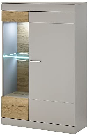 Lomadox Glasvitrine Highboard Wohnzimmer inkl. Beleuchtung in grau matt Eiche Glastür Links, B/H/T ca. 90/139/35 cm