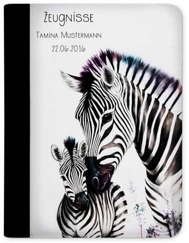 CreaDesign Zeugnismappe A4 mit Namen personalisiert für Kinder – Zebra Familie – Dokumentenmappe Schule ohne Klarsichthüllen