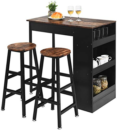 GIANTEX Ensemble de table et 2 tabourets, ensemble de meubles de bar, 3 pièces, salle à manger, style industriel, table avec 3 étagères de rangement, tabouret avec repose-pieds de différentes