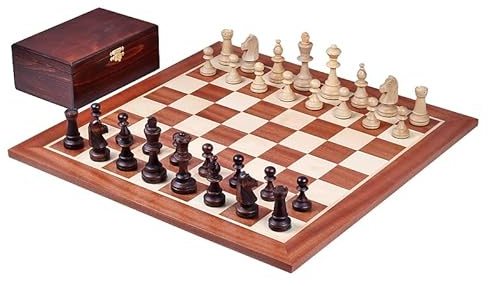 Sunrise Chess & Games Staunton Nr. 5 Figuren im Holzkoffer | Buchenholzfiguren, Beschwert und gefilzt, Dunkler Holzkoffer, Für Bretter Nr. 4+ und 5