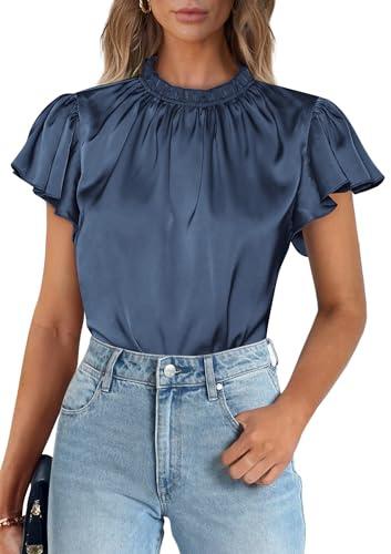 PRETTYGARDEN Business Casual Tops for Women Blouses Dressy 2025 Summer Short Sleeve Ruffle Satin Work Office Attire (Grey Blue,Medium)